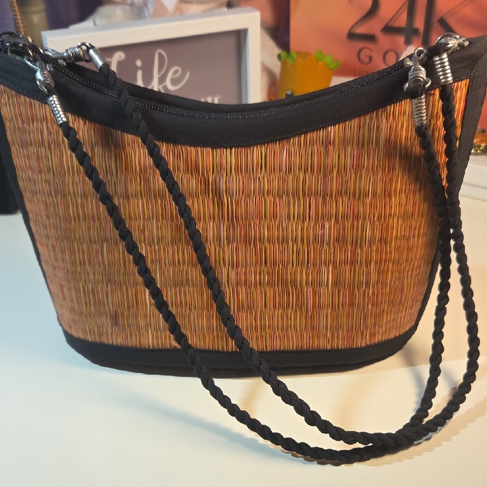 Elegant Made In Cambodia Black and Brown Women's Straw Shoulder Bag